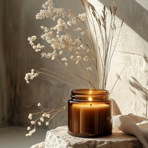 Amber glass candle burning beside dried wildflowers in warm afternoon sunlight, creating a cozy and peaceful neutral home decor vignette.