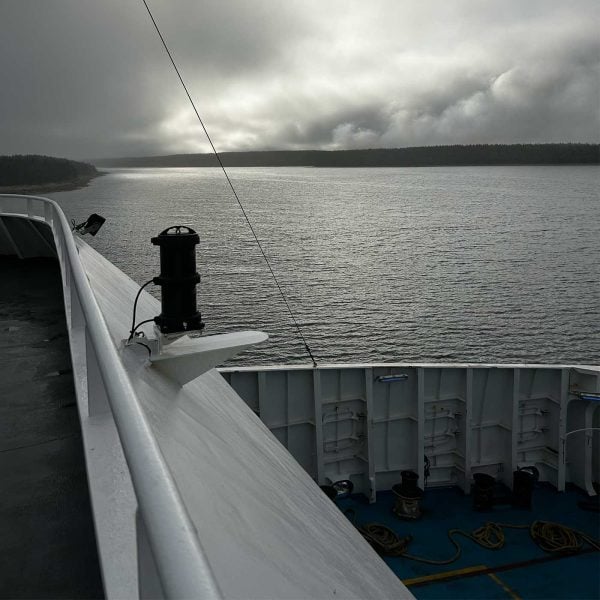 Square photo taken aboard the St. Barbe&ndash;Blanc-Sablon ferry showing calm water, a tree-lined shoreline, and dramatic gray clouds.