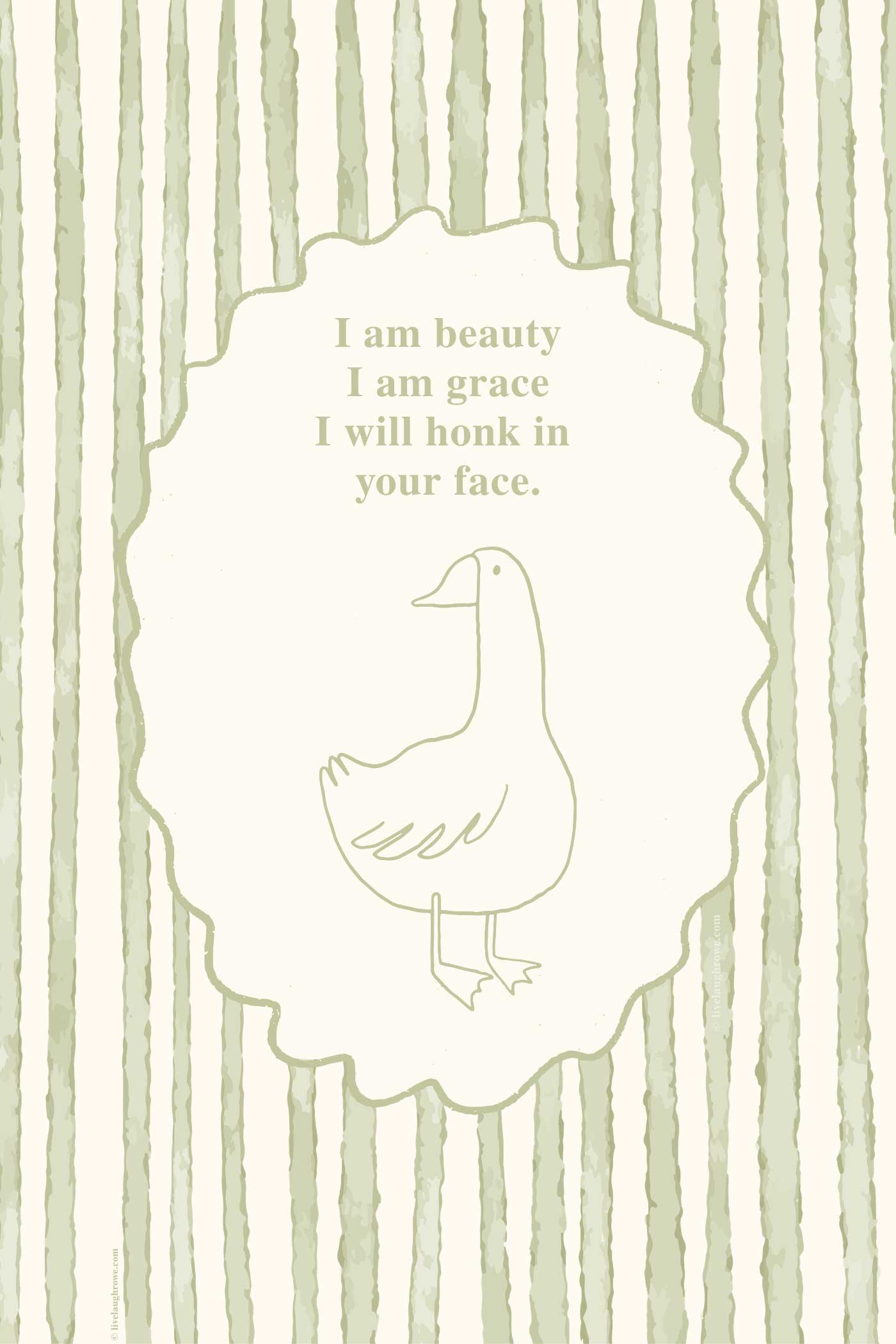 Light green and cream striped graphic featuring a simple goose illustration and the quote, &ldquo;I am beauty. I am grace. I will honk in your face.&rdquo;