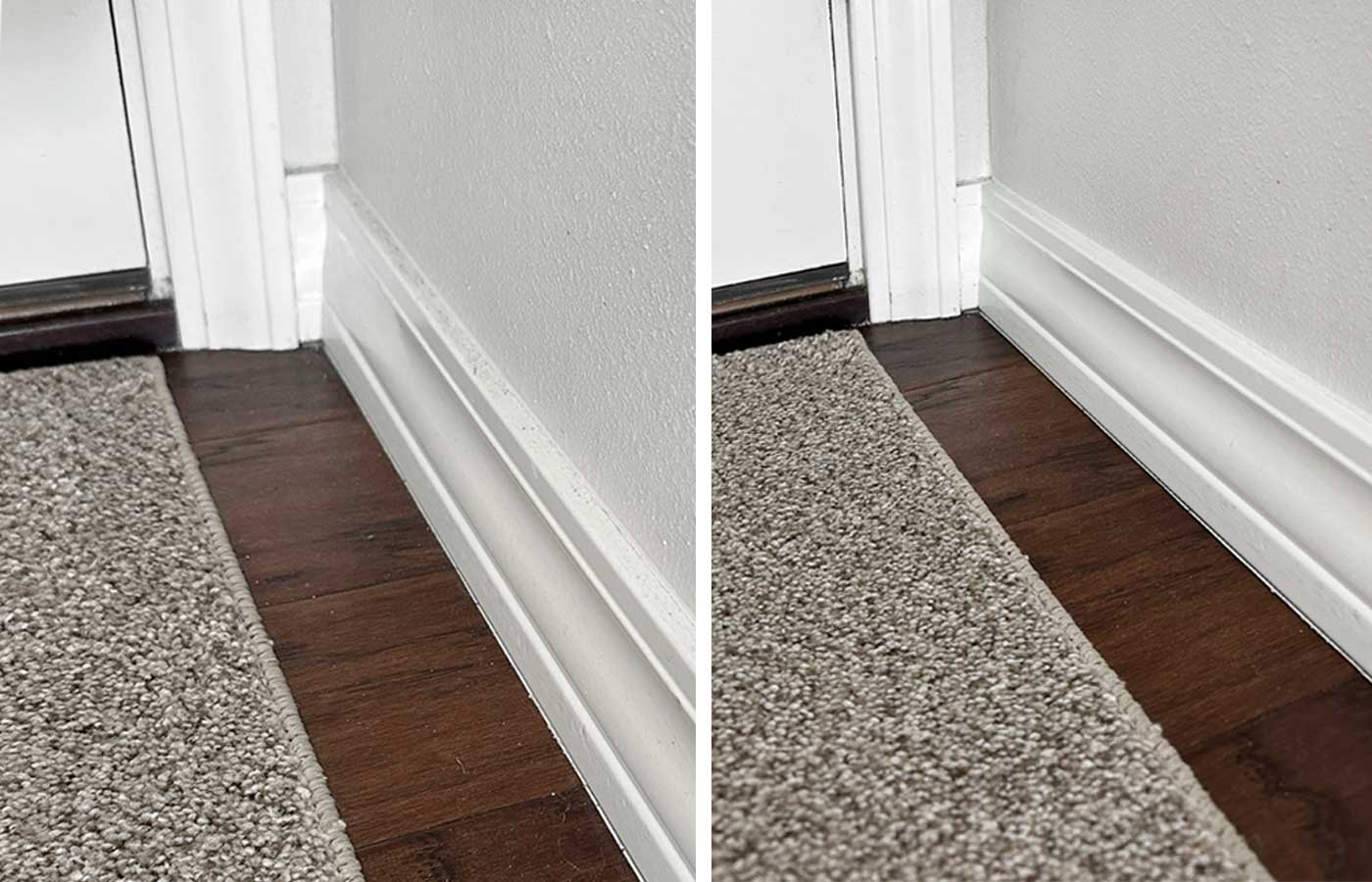 Before-and-after photos of white baseboards next to carpet and hardwood flooring after cleaning.