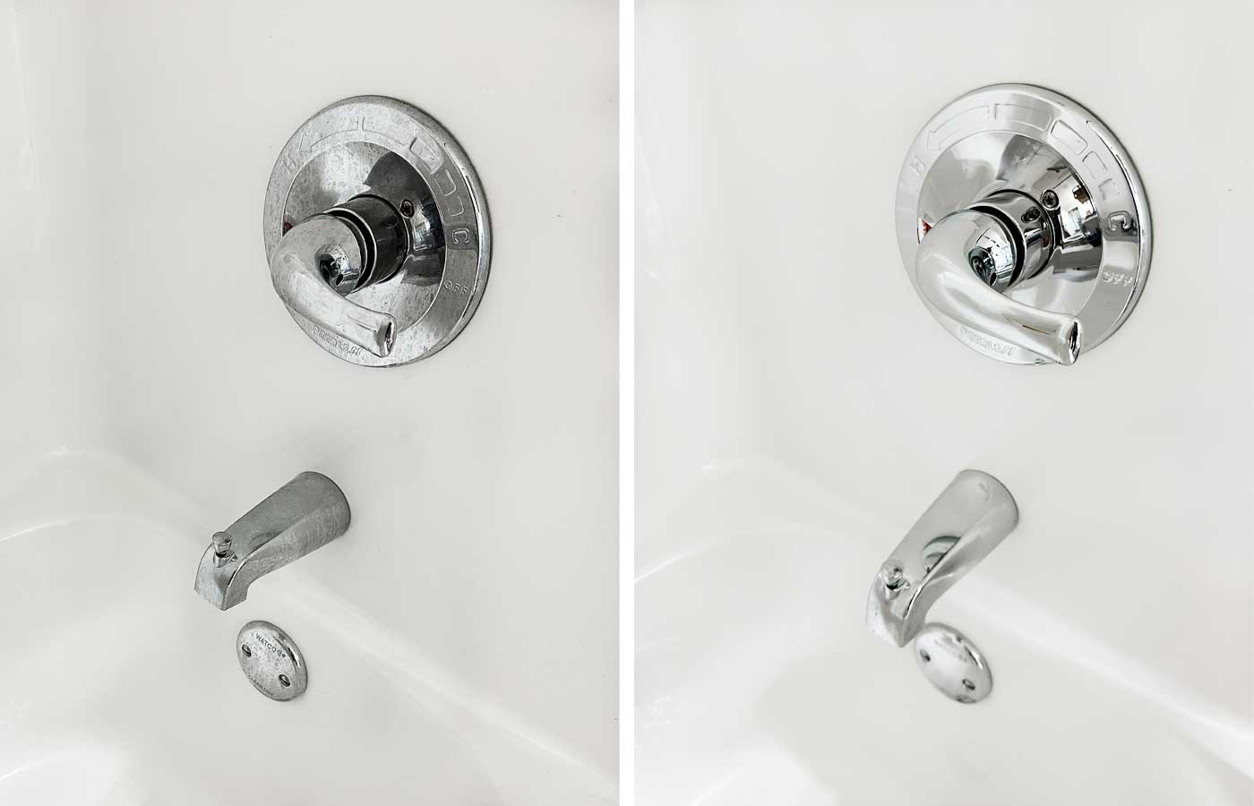 Before-and-after photos of chrome bathtub fixtures showing visible buildup before cleaning and a cleaner finish afterward.