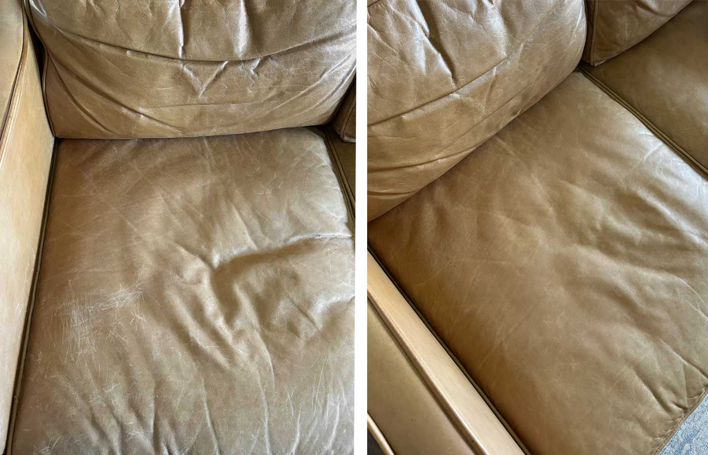 Before-and-after photos of a tan leather couch before and after being cleaned and conditioned.