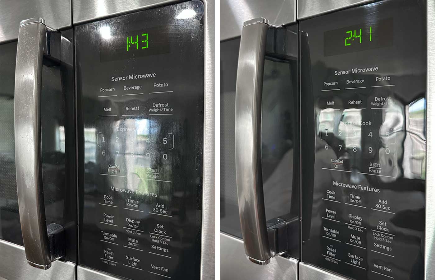 Before-and-after photos of a black microwave control panel and door after cleaning.