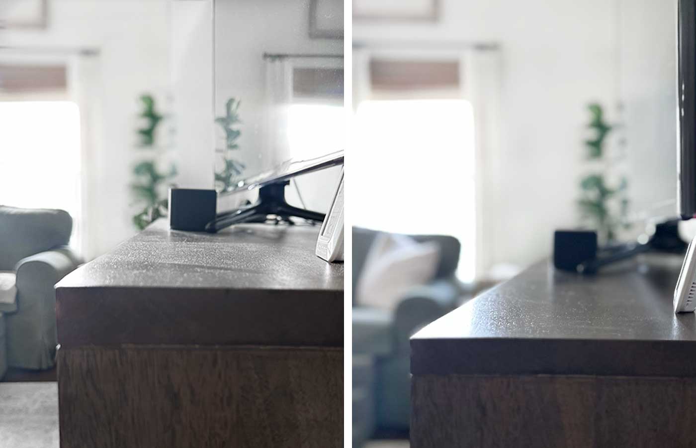 Before-and-after photos of a dark wood TV console showing the surface before and after cleaning.