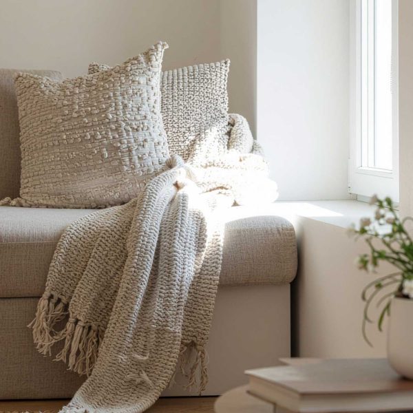 Sunlit neutral chair styled with textured cream pillows and a chunky throw beside a bright window and stacked books.