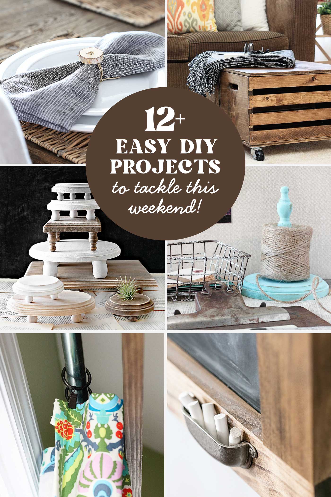Collage of easy DIY projects including birch napkin rings, a storage ottoman, display risers, twine holder, and oversized chalkboard