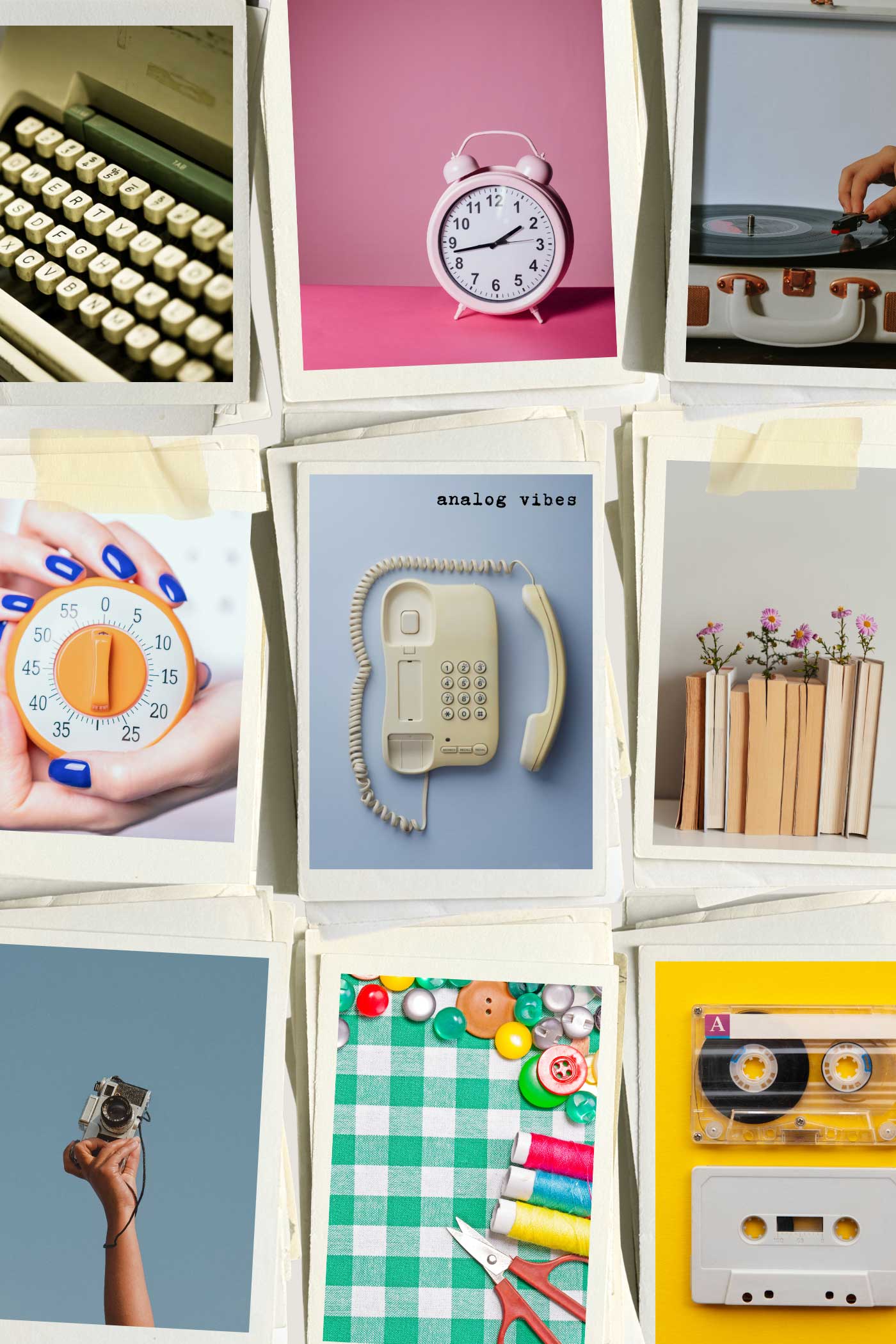 Collage of nostalgic analog items including a typewriter, alarm clock, record player, landline phone, books, camera, sewing supplies, and cassette tapes