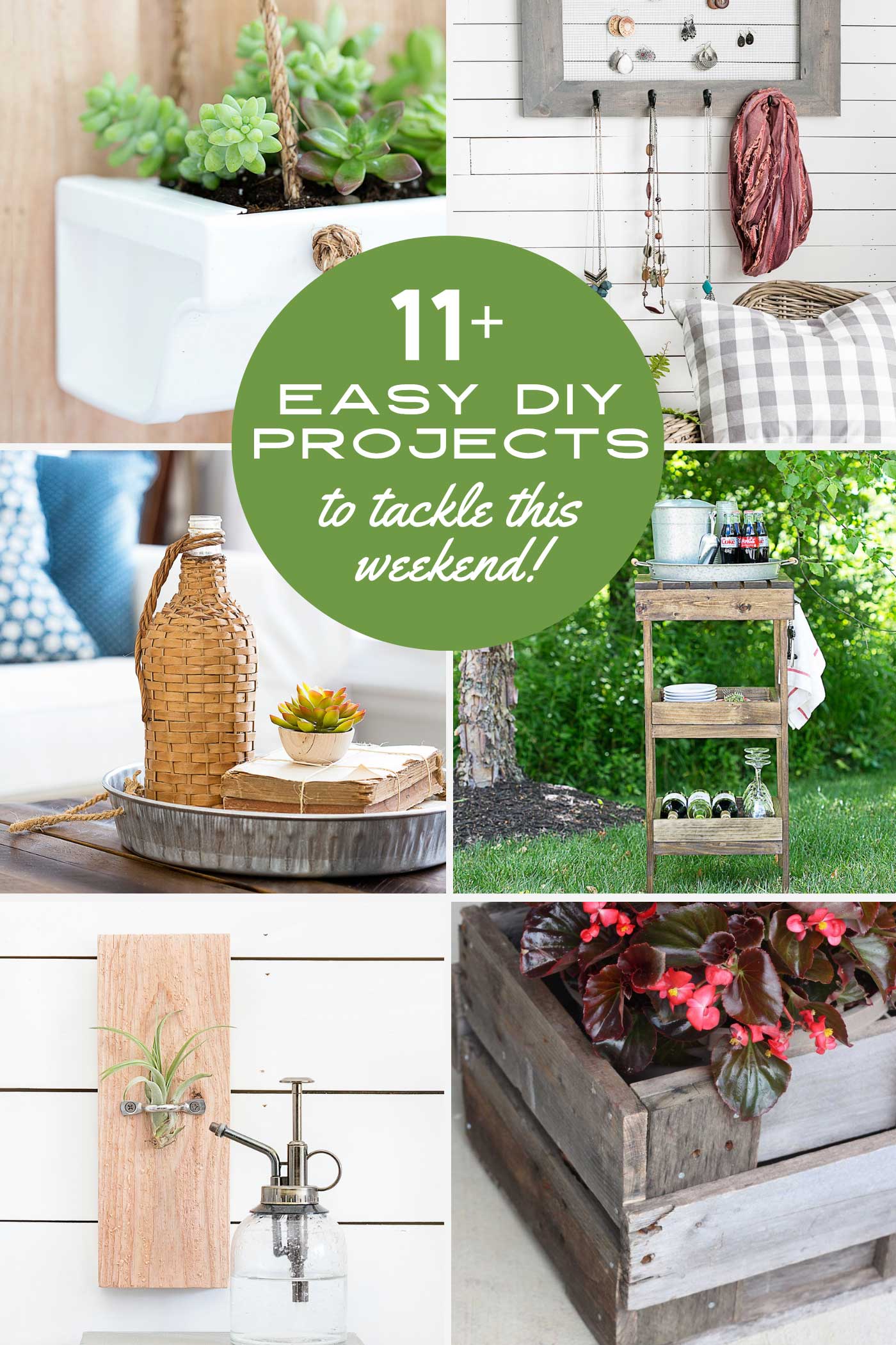 Collage of DIY projects including a hanging planter, jewelry organizer, galvanized tray, outdoor drink station, air plant hanger, and pallet planter box