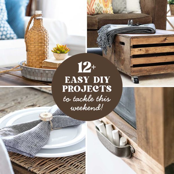 Collage of easy DIY projects including a galvanized tray, storage ottoman, birch napkin rings, and oversized chalkboard