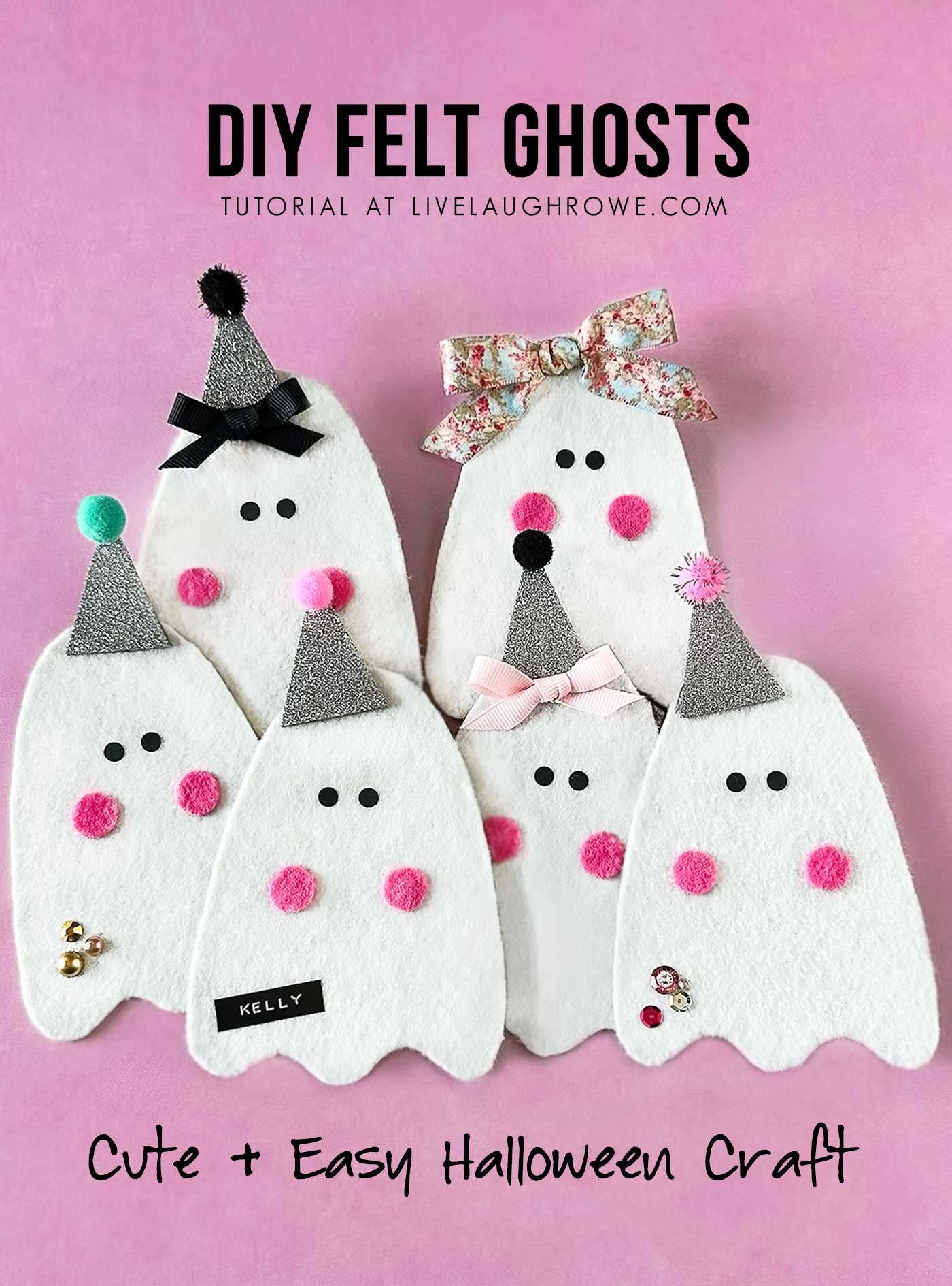 Finished group of cute felt ghosts with bows, glitter hats, pom-poms, and rosy cheeks on a pink background