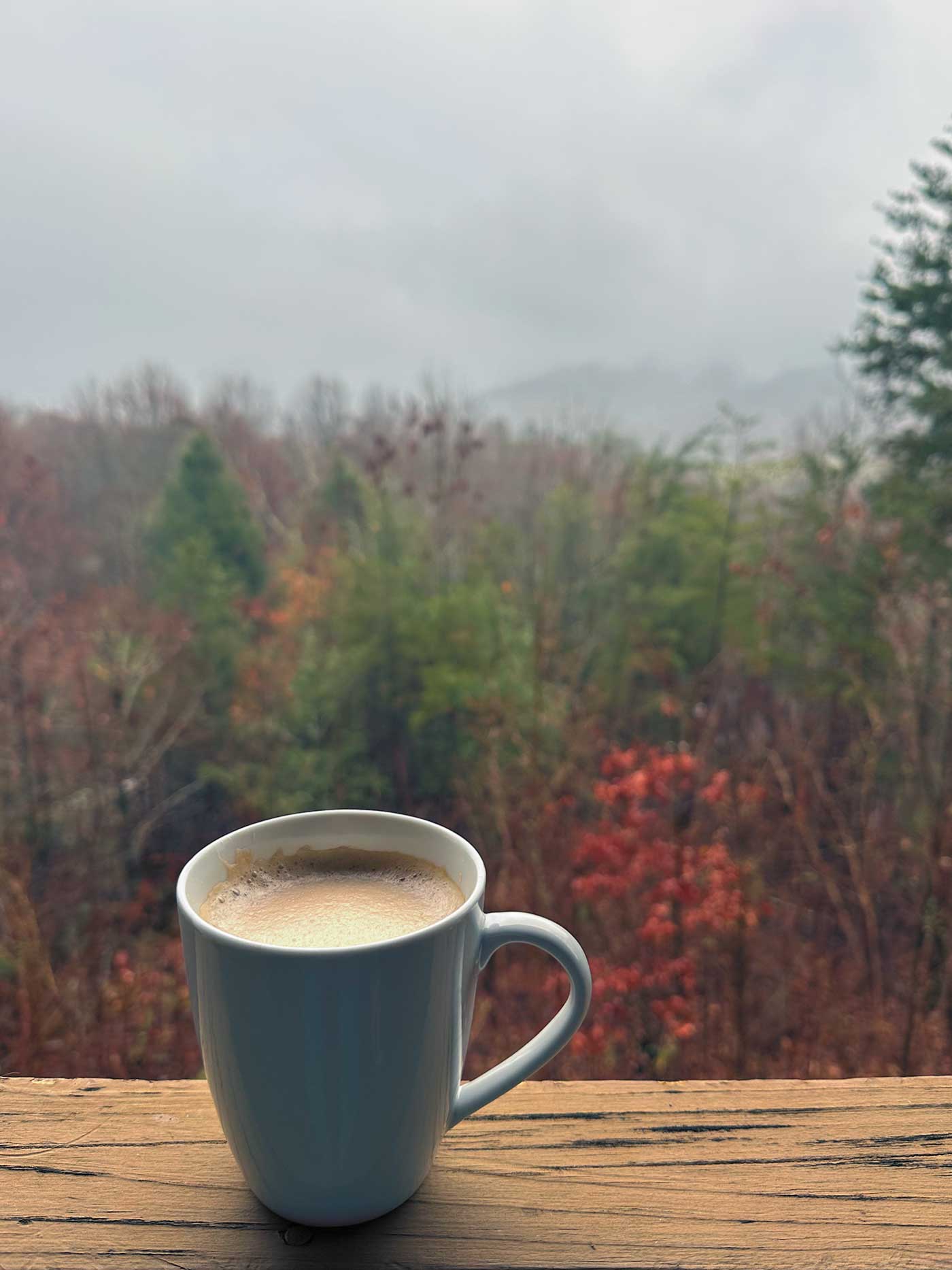 White coffee mug on a wooden porch overlooking misty Tennessee mountains