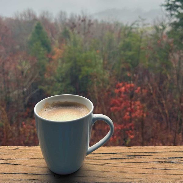 Coffee mug on a wooden porch railing overlooking misty Tennessee mountains