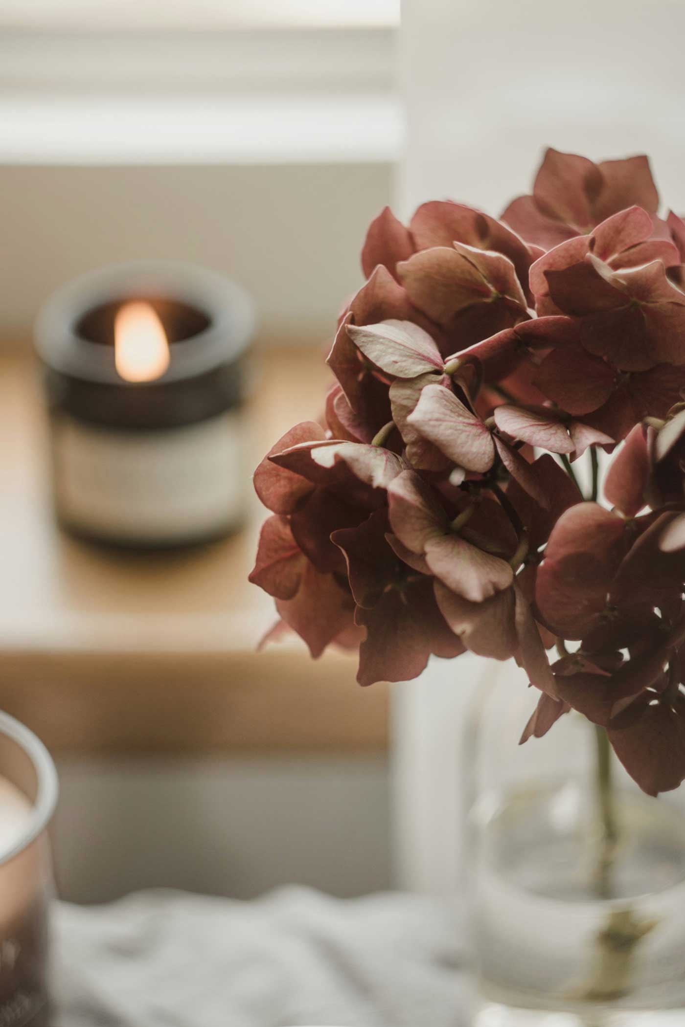 Burgundy hydrangeas in a clear glass vase with a lit candle softly blurred in the background.