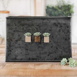 Close-up of three succulent magnets with natural, brown-stained, and white-painted mini wood blocks on a dark metal container.