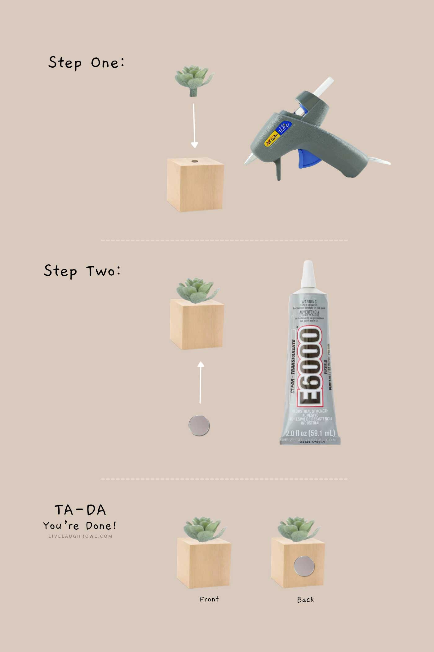Illustrated steps showing a faux succulent hot-glued into a mini wood block and a round magnet attached to the back with E6000.
