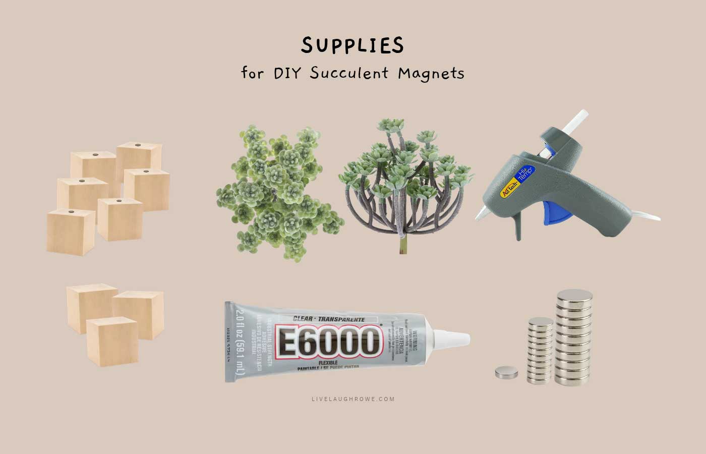 Supplies for DIY succulent magnets, including mini wood blocks, faux succulent picks, a hot glue gun, E6000 adhesive, and round magnets.