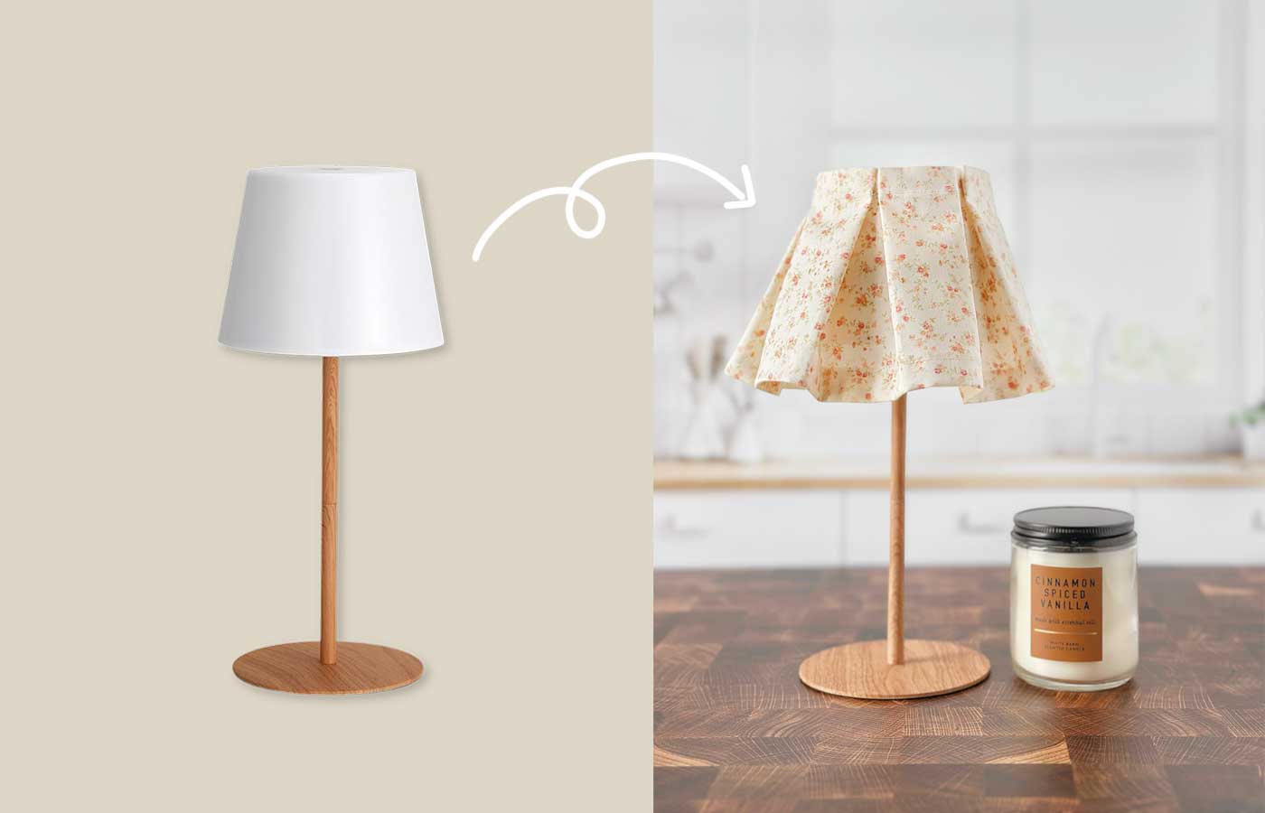 Side-by-side comparison of a wood-look rechargeable lamp with its original white shade and a handmade pleated floral fabric shade.
